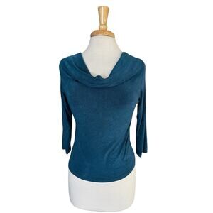 FIORE Travel Draped Neck Slinky Blouse Blue Size Medium 3/4 Sleeve Made in USA